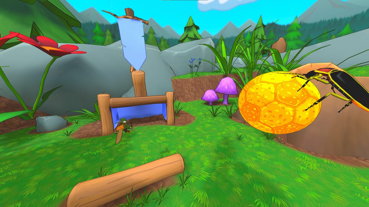 A Beetleball beetle flying with a golden dungball toward a wooden goal on grass
